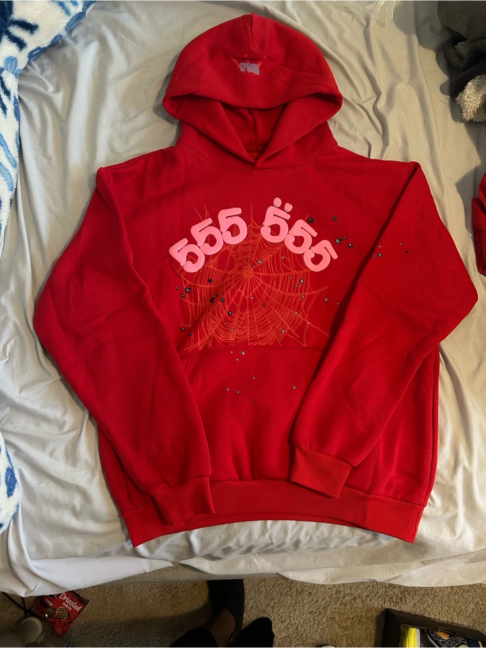 Men's Red Graphic Crewneck Hoodie with Spiderweb 555 Motif